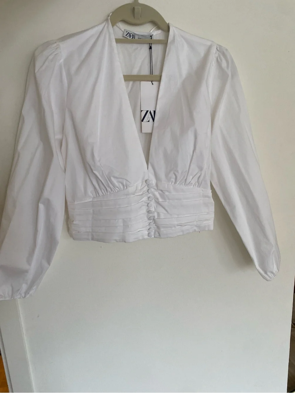 Zara White Plunging V-Neck Cropped Blouse with Covered Buttons